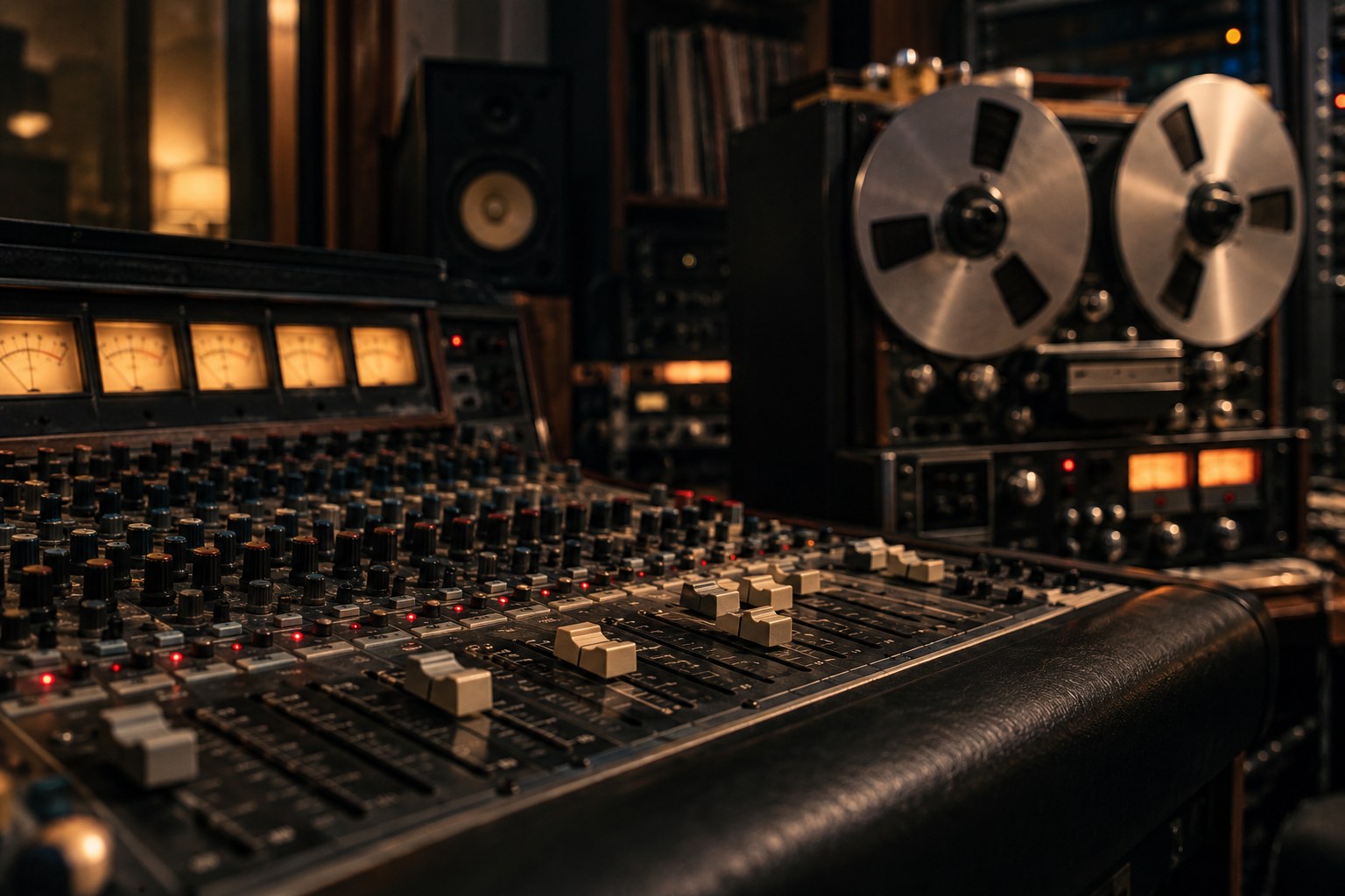 An analog recording console in a dimly lit studio